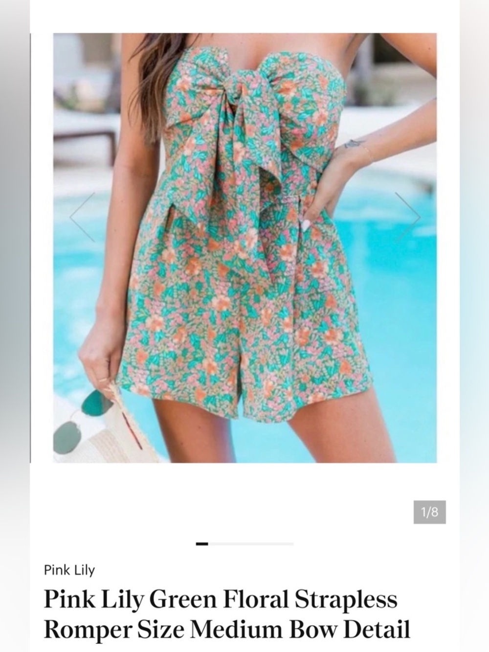 Pink Lily Green Floral Strapless Romper Size Medium Bow Detail
